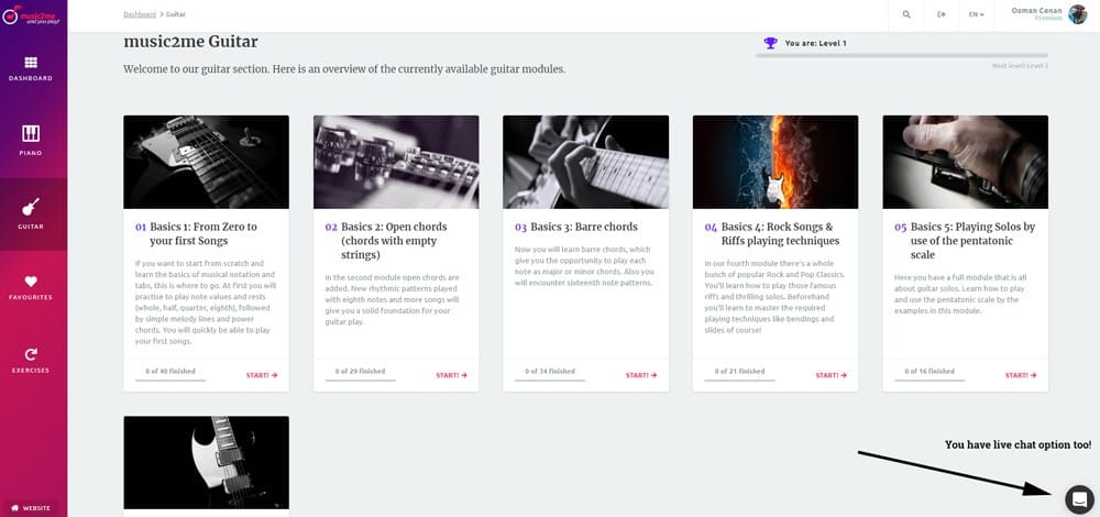 Music2Me guitar lessons, account page